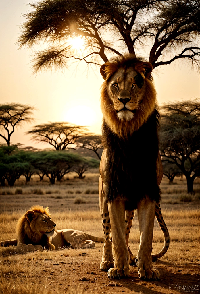 African lion, male, savannah setting::2, sharp focus on mane details, blurred acacia tree background, golden sunset light, wide angle shot, photorealistic, style of Marsel van Oosten, Nikon Z 9, lion by waterhole::2.5