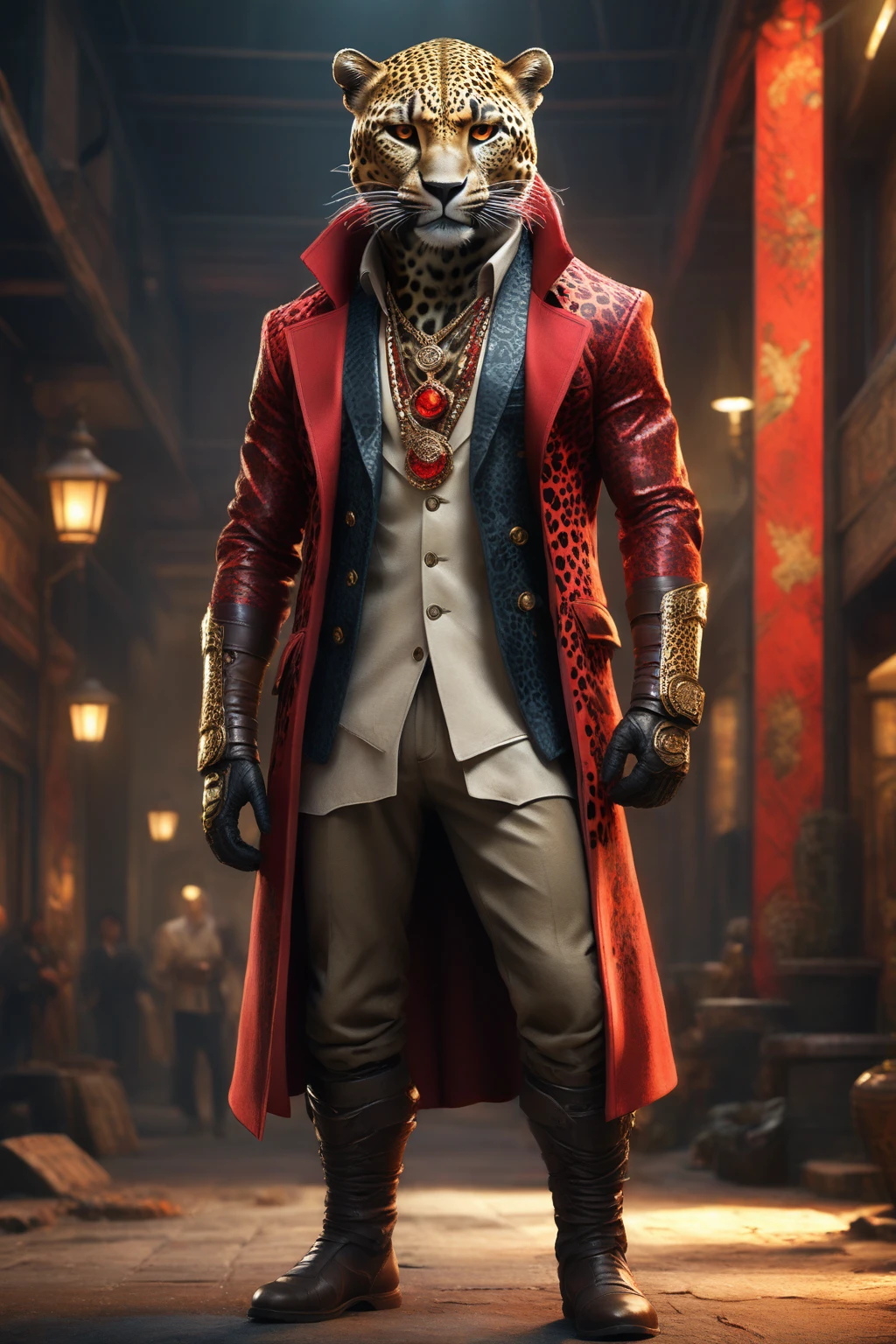 Leopard wearing BBOY style clothes and crossed arms - pose with arms crossed in front of chest.
Red beams are emitted from his eyes. Please create an image of this composition using the following rules
I am thinking of a world-class card game. I want you to create the pattern for it.
There are 40 different themes.
Aspect ratio "13:20".
Interesting world-class patterns that follow the theme.
Please read the theme and make a picture that has an impact on one important issue.
We will create a card game pattern.
The design will be surrounded by a border, so please keep the design 80% from the center of the space so that it does not cover the characters.
The atmosphere should be dark and mysterious, with indirect lighting and a textured background.
The character in the center should stand out.
Full body image,
Poses with movement
Very detailed, realistic, costumed animals
Overall colors are earth tones
Colorful costumes anyway
A variety of outfits can be chosen to suit the character and put on the animal.
Street style, suit style, ethnic style, fighter style, ranger style, diverse and flamboyant fashions
Textures are realistic and finely fashioned clothing.
They wear stylish sneakers, boots, and sandals.
AccessoriesChoose the right ones to match the outfit and atmosphere: necklaces, earrings, rings, bandanas, hats, cigars, smoke, cars, motorcycles, tattoos, etc.
Real, 8K,.