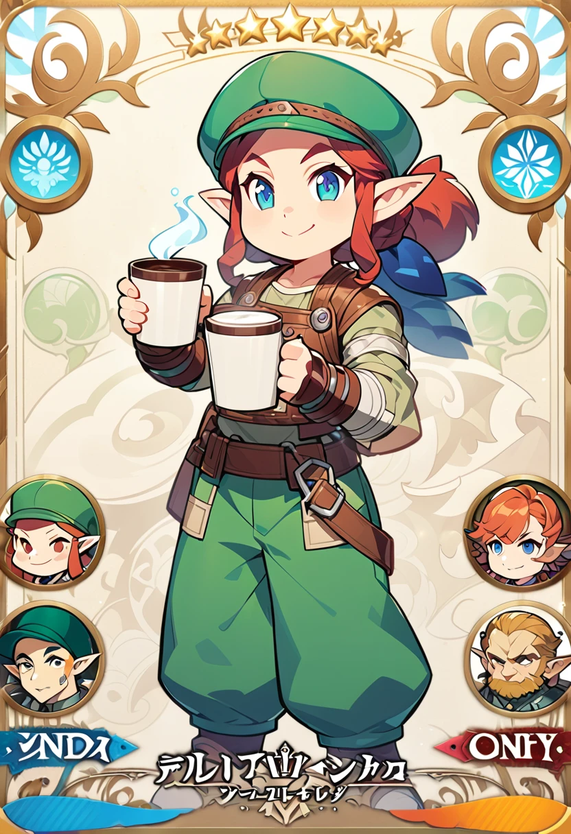 a cartoon girl with a green hat and green pants holding a cup of coffee, botw style, full body portrait of a short!, little elf tomboy, full body character portrait, muscular female gnome engineer, valkyrie style character, detailed character art, as a dnd character, character full body portrait, mysterious coffee shop girl, official character art