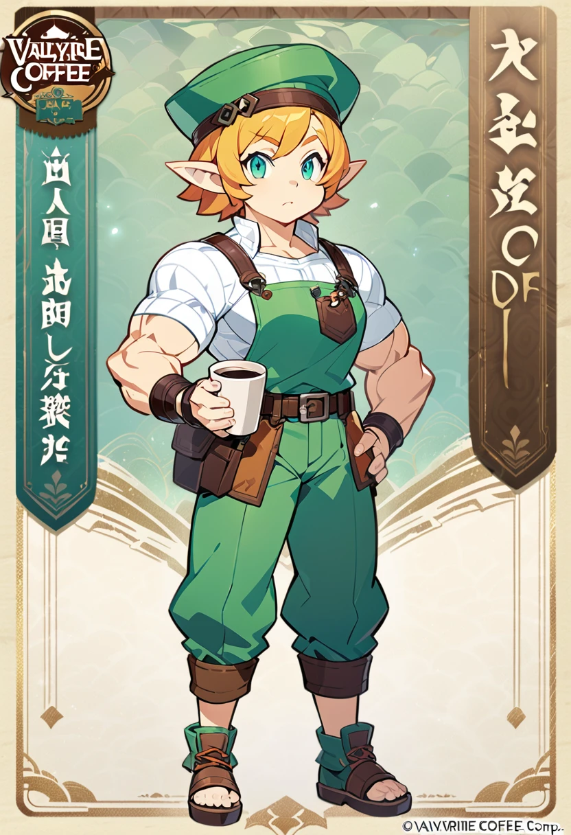 a cartoon girl with a green hat and green pants holding a cup of coffee, botw style, full body portrait of a short!, little elf tomboy, full body character portrait, muscular female gnome engineer, valkyrie style character, detailed character art, as a dnd character, character full body portrait, mysterious coffee shop girl, official character art