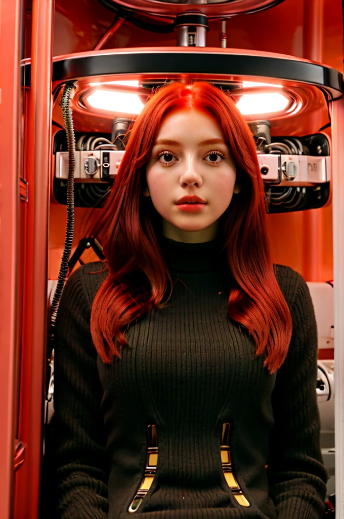 Red-haired girl inside a technological capsule with cables and many identical capsules around her