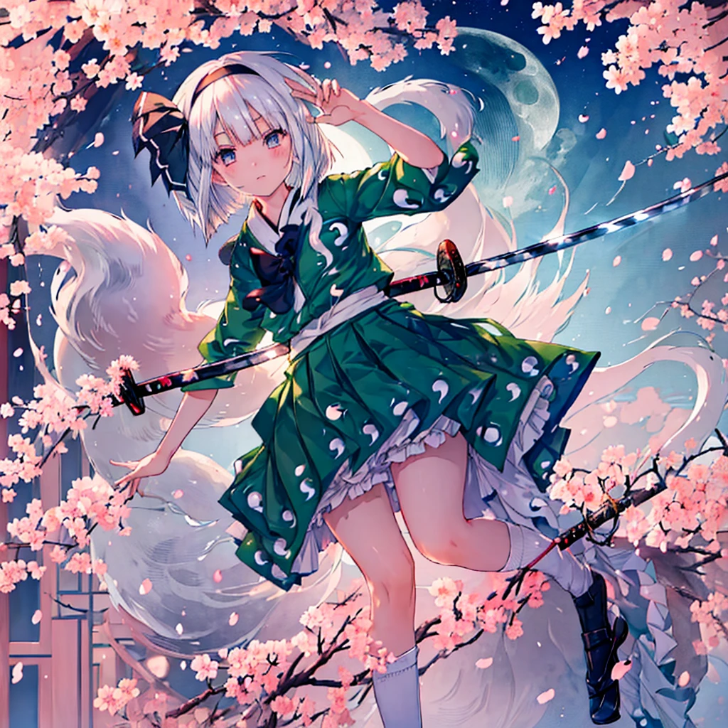 (((Konpaku Youmu)))　((Cherry Blossom　White fox fire　Japanese sword))　(night　star　full moon)　Shining Edge　Shining Background