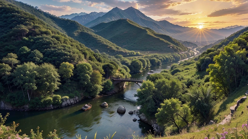 Photo-realistic panoramic view of ancient China's diverse landscape, showing lush green valleys, towering mountains, dense forests, and winding rivers under a golden sunrise. Include elements like traditional Chinese architecture nestled in nature