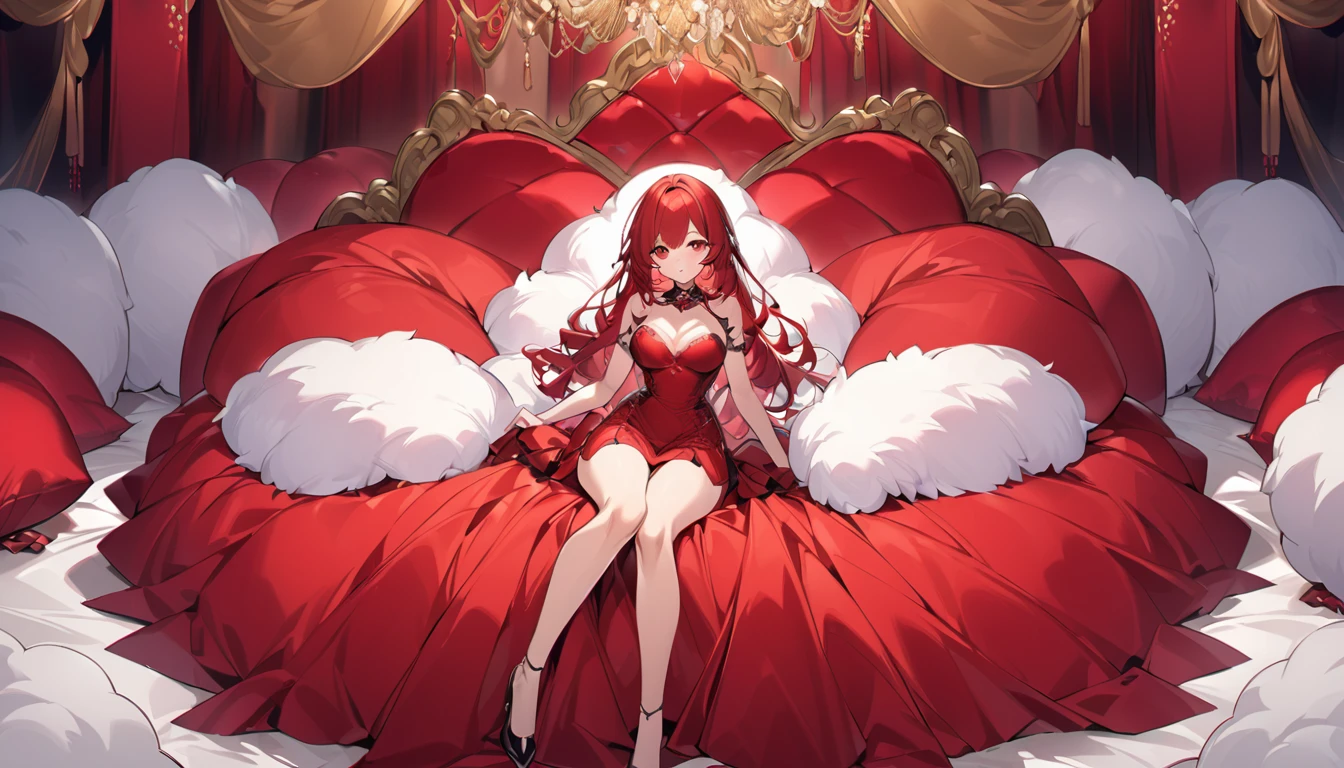 Fluffy red silk duvet、Lots of giant silk pillows、Luxurious fluffy red silk bed、
