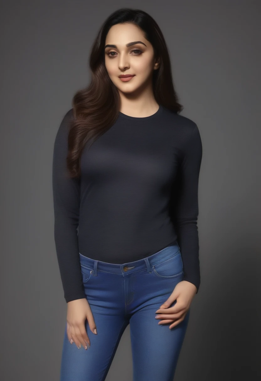 ((best quality)), ((masterpiece)), (detailed), (kiara advani ) , wearing long sleeves black printed t-shirt  and blue jeans , 