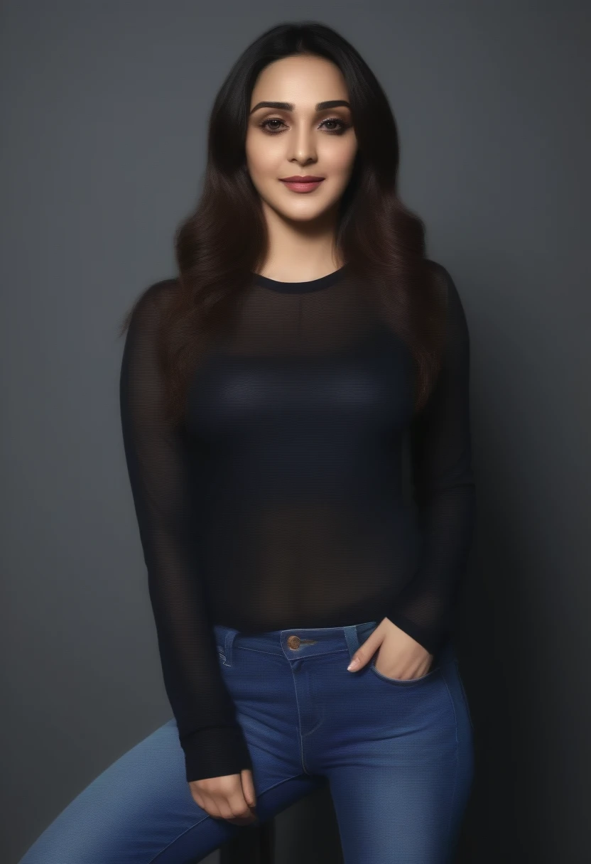 ((best quality)), ((masterpiece)), (detailed), (kiara advani ) , wearing long sleeves black printed t-shirt and blue jeans ,