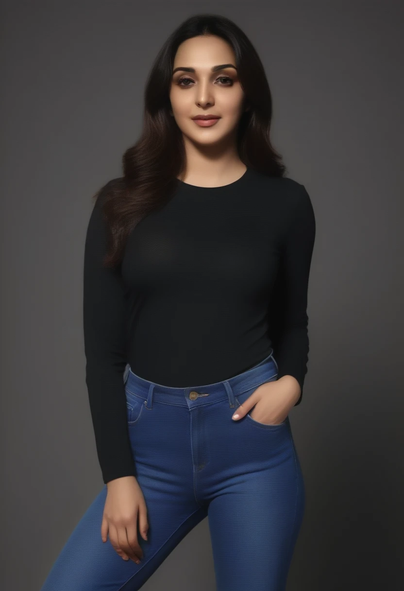 ((best quality)), ((masterpiece)), (detailed), (kiara advani ) , wearing long sleeves black printed t-shirt  and blue jeans , 