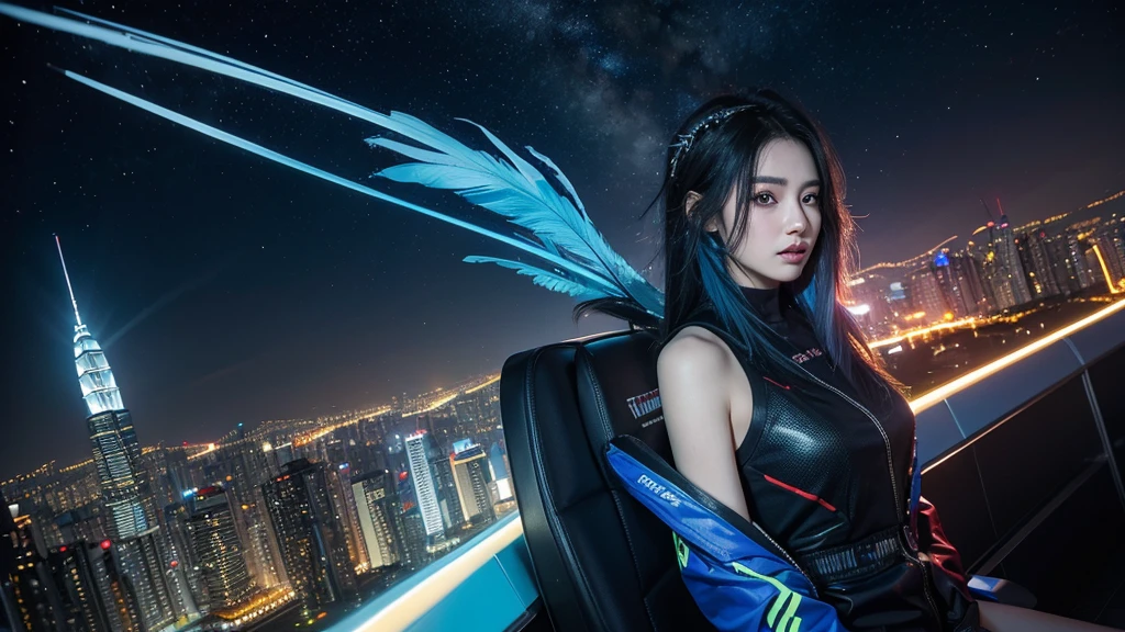 (tmasterpiece), Best quality at best, Ultra-high resolution,, Cyberpunk 1girl flies over stunning cityscapes ,hoody,Blue hair, neon colored meteor, Very long hair, cropped shoulders, feathers hair ornament, neon colored, Twinkle, stunning night sky, light, realisticlying, realisticing skin, HighDynamicRange,fish eye, chill, Hongkong city, có lá cờ việt nam đằng sau