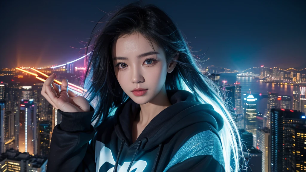 (tmasterpiece), Best quality at best, Ultra-high resolution,, Cyberpunk 1girl flies over stunning cityscapes ,hoody,Blue hair, neon colored meteor, Very long hair, cropped shoulders, feathers hair ornament, neon colored, Twinkle, stunning night sky, light, realisticlying, realisticing skin, HighDynamicRange,fish eye, chill, Hongkong city, có lá cờ việt nam đằng sau