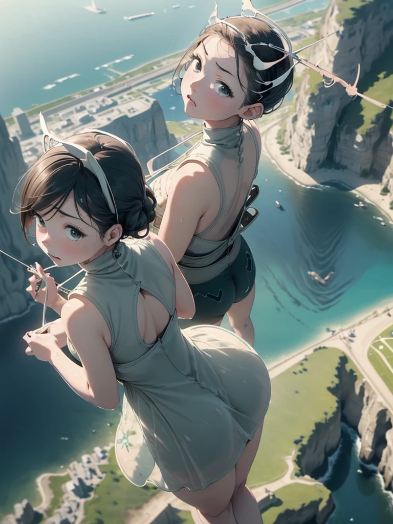 Highest quality, masterpiece, Ultra-high resolution, (Realistic:1.4), RAW Photos, Intricate details, Big beautiful eyes, Perfect contours, masterpiece, One Girl, ((Junior high school student)), Braided Bob, (aerial view:2), (perky breasts:1.5, high breasts:1.5), (curvy waist:1.5), Competitive swimmer, (one piece:1.5, turtleneck,Sleeveless swimsuit, Sandals), Clear metallic green swimsuit:1.5, tight high leg swimsuit:1.4, ((shoot from behind:2, looking away:2)), Portraiture,  ((Standing on the edge of a cliff:1.5, Hesitant to jump:1.5, Incredibly high sheer cliffs:1.5, Stand at the highest point overlooking the surrounding area, peer down the cliff:1.5)), (Anxious expression、His mouth is twitching with fear), Wet Skin, (Underarm)
