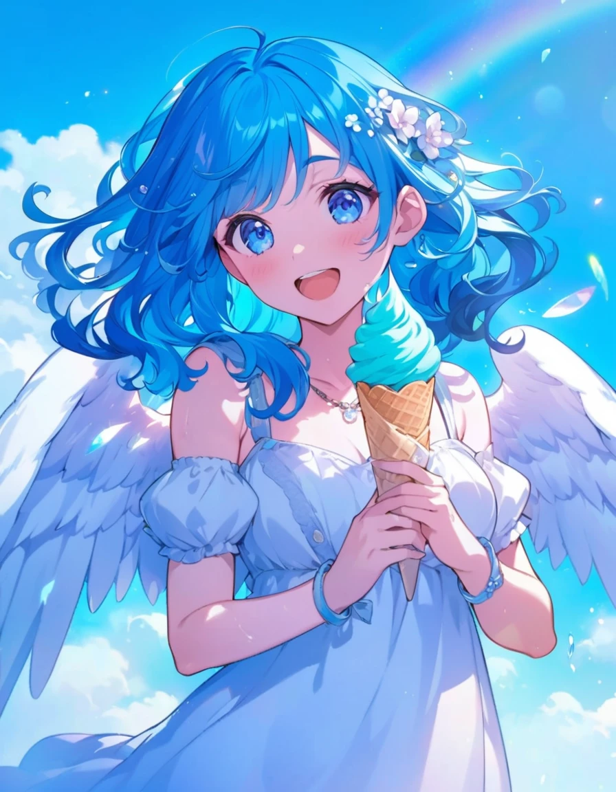 Busty woman with blue hair holding an ice cream cone in front of a rainbow, of an beautiful、High quality anime art style, Detailed fan art, Official artwork