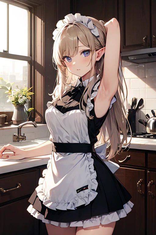 A maid, (in kitchen), various hair styles, night, details face, short skirt, seducing, sleeveless, maid uniform, armpits, elf