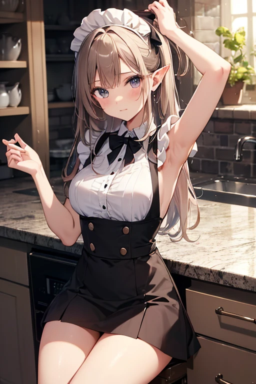 A maid, (in kitchen), various hair styles, night, details face, short skirt, seducing, sleeveless, maid uniform, armpits, elf