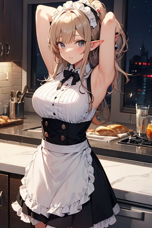A maid, (in kitchen), various hair styles, night, details face, short skirt, seducing, sleeveless, maid uniform, armpits, elf