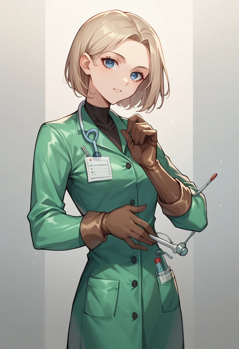 1girl, light hair, square haircut, blue eyes, ((brown gloves)), ((surgical gloves)), ((latex gloves)), ((green surgeon outfit)), looking at viewer, ((doctor)), ((long sleeves)), standing, solo
