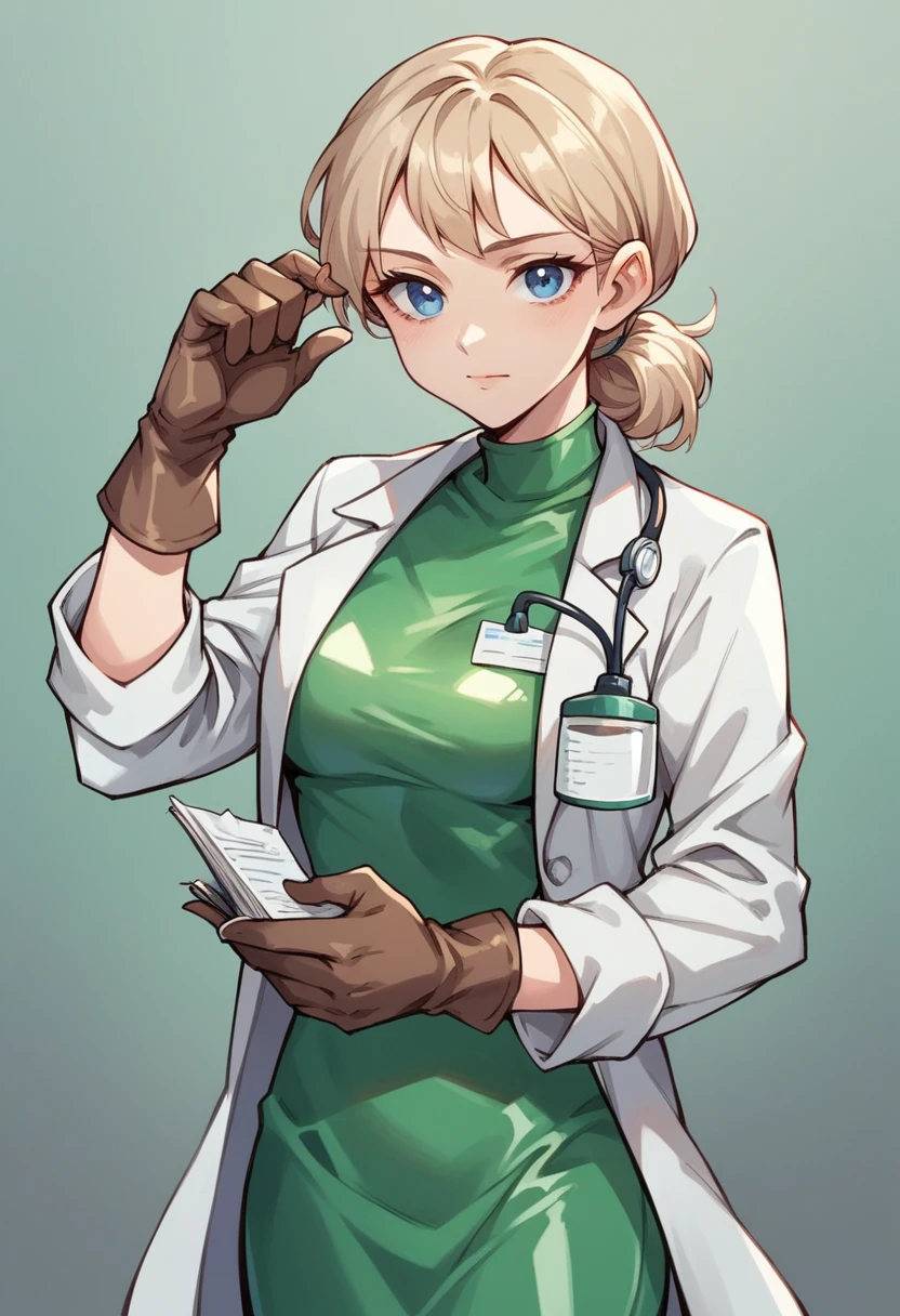 1girl, light hair, square haircut, blue eyes, ((brown gloves)), ((surgical gloves)), ((latex gloves)), ((green surgeon outfit)), looking at viewer, ((doctor)), ((long sleeves)), standing, solo
