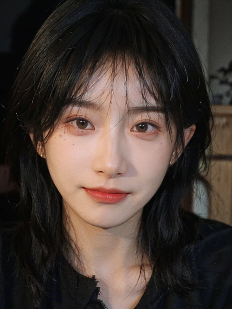 (Skin details:1.4), (smooth skin textures:1.3), (Upper Body:1.4),(Upper Body:1.3),(Black clothes:1.4),Lipstick, background, earrings, serene, calm, (Realistic and detailed eyes:1.2), Natural skin texture, Realistic facial details, Soft dramatic lighting, Vivid details, 35 mm film, outdoor, (Photo Practical:1.4), (hyper Practical:1.4), (Practical:1.3), (Smoother lighting:1.05), (Improve lighting quality:0.9), (Highest quality real skin textures:1.4), Exquisite eyes, Delicate face, Close-up of face, (Enhance the beauty of skin texture:1.1),0Normal body proportions, short hair, Moles under the eyes, A faint smile,Portrait Photography, Depth of Field, Bokeh, Surrealism, Ray Tracing, (Portrait Photography:1.1), Surrealism, High Detail, Chiaroscuro, Ray Tracing, reflected light, Ultra HD, Ultra HD, masterpiece, Textured Skin, Super Detail, High Detail, high quality, best quality