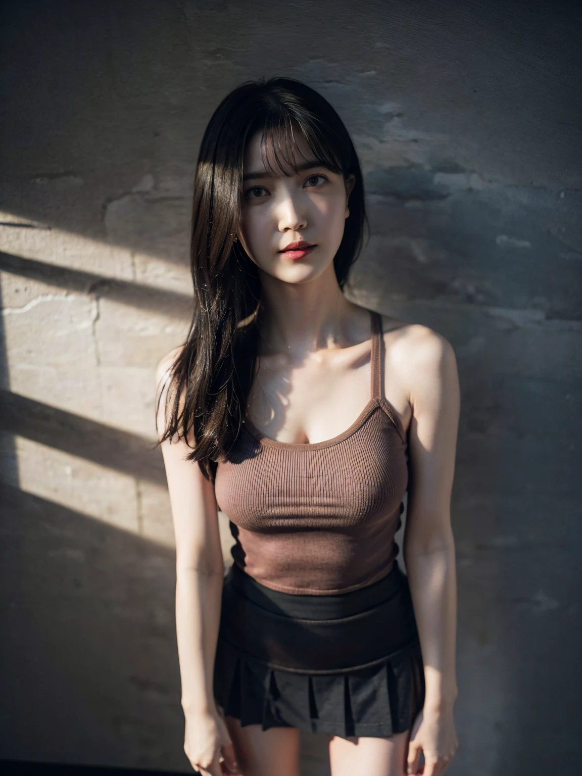 1girl, woman, masterpiece, best quality, highest quality, cinematic lighting, (volumetric lighting), extremely detailed CG unity 8k wallpaper, focused, 8k wallpaper, extremely detailed, ultra realistic, photorealistic, sharp focus, absurdres, (HDR:1.2), (high contrast), photograph, detailed and intricate, instagram, portrait, highly detailed, digital painting, artstation, concept art, smooth, sharp focus, illustration, cinematic lighting, (natural big breast), eyes looking at the viewer, ((medium shoulder)), (skinny legs), (slender body), (HQ skin:1.4, Realistic human body structure), (Full body:1.4), (aerial shot photo), (wearing knit tank top, short skirt), (standing)