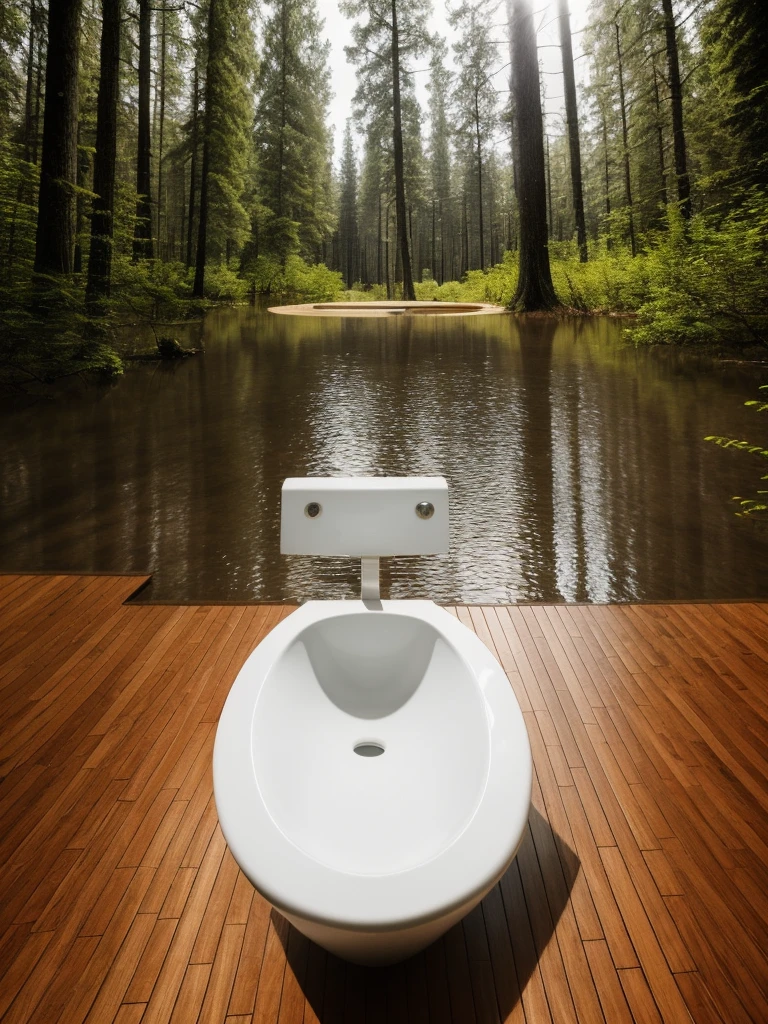 A toilet without a tank is placed in the deep forest where the river runs through.,The toilet seat is made of wood grain,The main body is made of white ceramic,Modern style,Hyperrealism