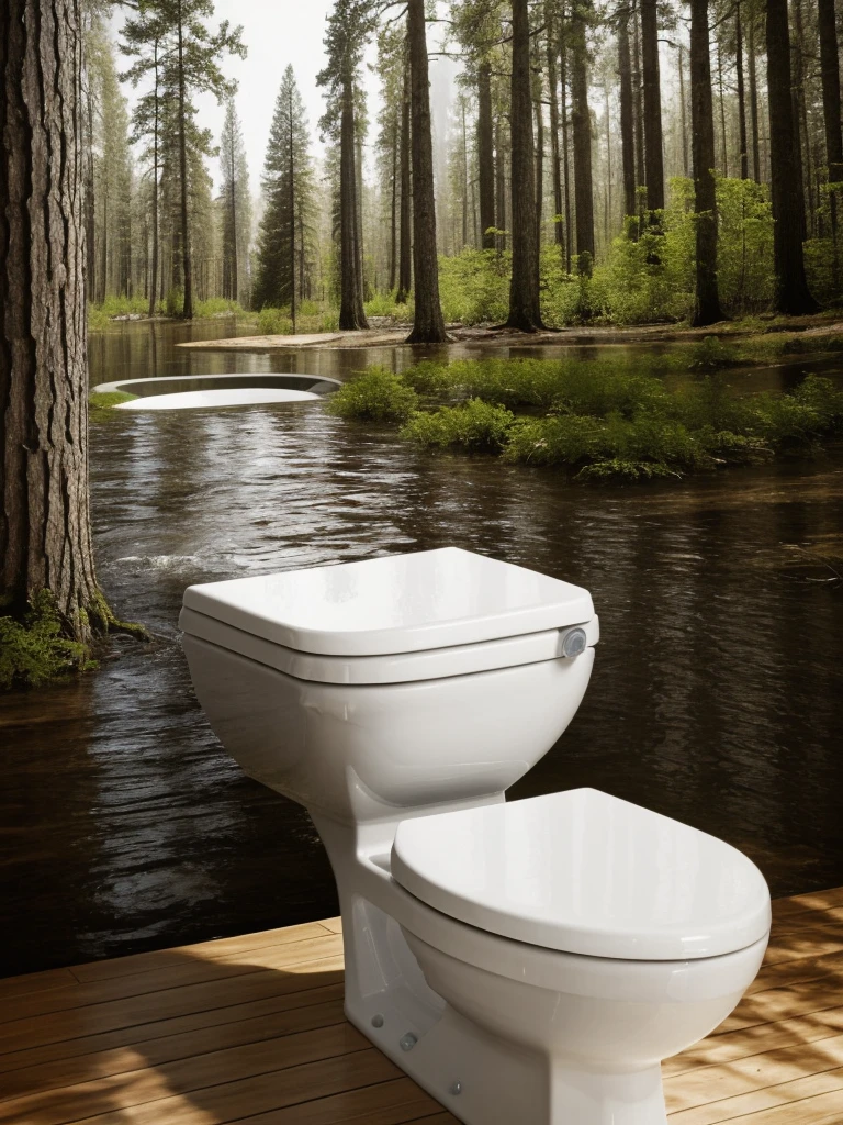A toilet without a tank is placed in the deep forest where the river runs through.,The toilet seat is made of wood grain,The main body is made of white ceramic,Modern style,Hyperrealism