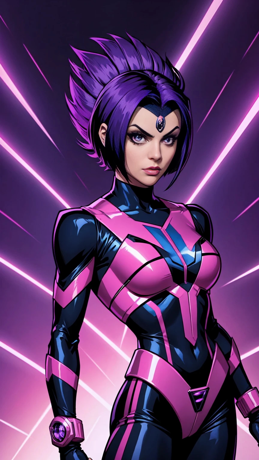 Raven from titans as a power ranger, power ranger costume, holding power rangers helmet, short hair, hair tips purple, power rangers themed costume, power rangers