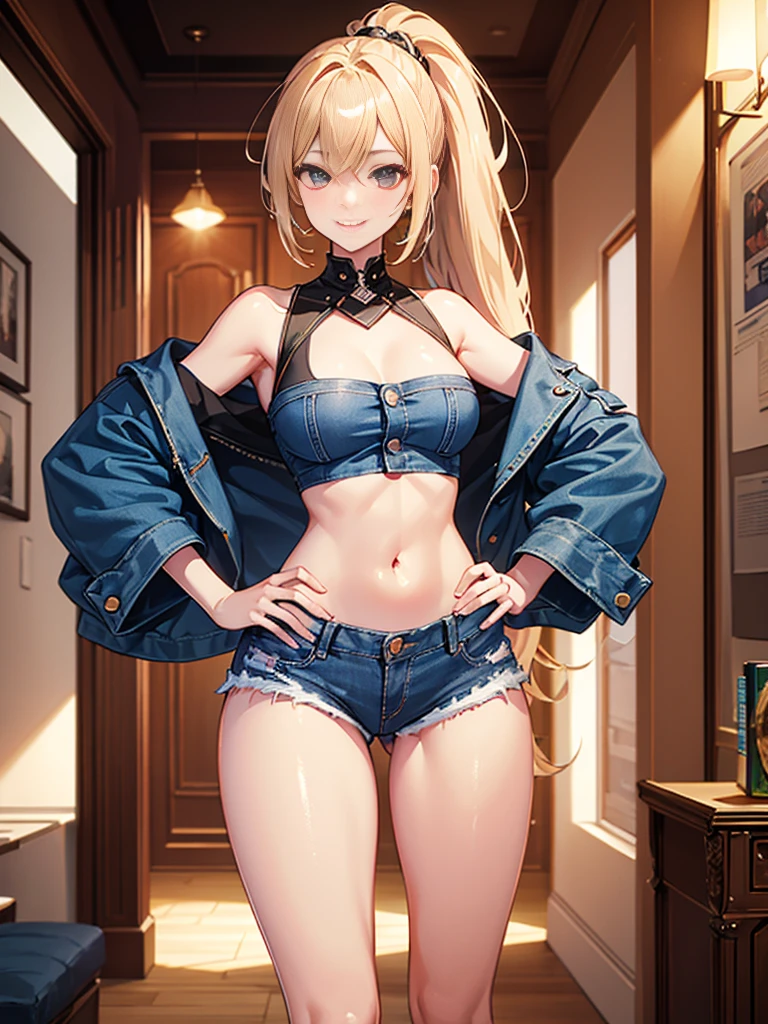 (highest quality, High resolution, perfect pixel, Depth of bounds written, 4K), upper body, (chair), (looking down), (detailed eyes), (1 lady), tall, (skinny body:1.2), (thin thighs:1.2), (Narrow hips:1.2), (black tube tops:1.2), bellybutton, sleeveless, (denim skirt:1.2), middle breasts, (blond hair), (ponytail:1.2), (standing:1.2), (hands on hips:1.2), contrapposto, (seductive smile),