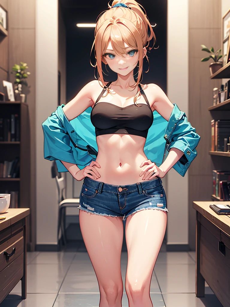 (highest quality, High resolution, perfect pixel, Depth of bounds written, 4K), upper body, (chair), (looking down), (detailed eyes), (1 lady), tall, (skinny body:1.2), (thin thighs:1.2), (Narrow hips:1.2), (black tube tops:1.2), bellybutton, sleeveless, (denim skirt:1.2), middle breasts, (blond hair), (ponytail:1.2), (standing:1.2), (hands on hips:1.2), contrapposto, (seductive smile), 