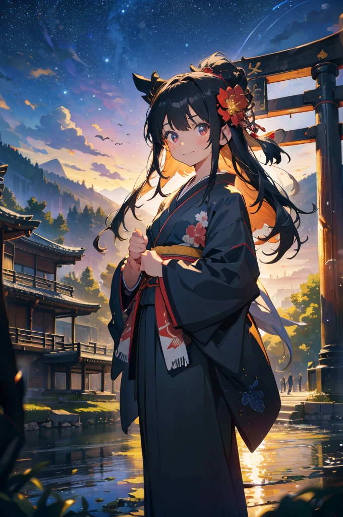 (masterpiece), (high resolution 8K), professional illustration,(1 girl:1.3), late teenage, standing, thigh focus, dutch angle, japanese clothes, kimono, hair ornament, long hair, smile, looking up, shrine, temple, torii, beautiful starry sky, night,natural lighting, high contrast, stunning face, symmetrical clear eyes, detailed eyes and face, detailed skin