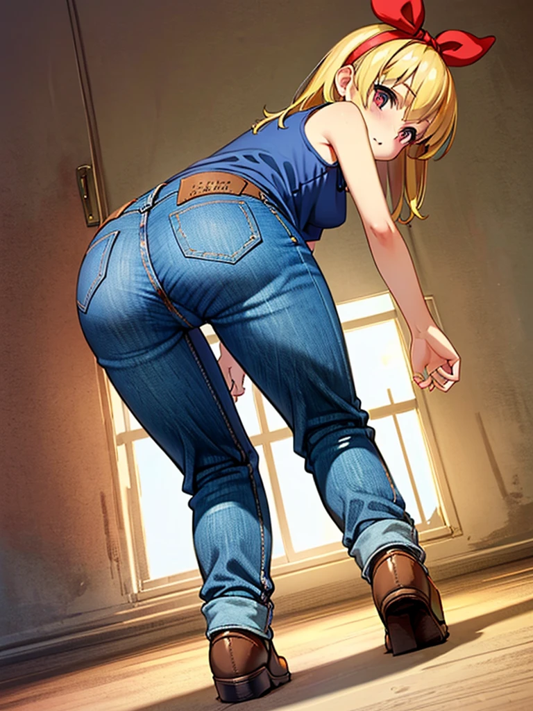 (RED Ribbon on HAIRband:1.2), 1girl, ( :1.4), solo focus, back view, Blonde_HAIR,(from below:1.4),
blush, (small and tiny hip), thin butts, thin thigh, buggy (camisole), (denim pants:1.2),
(kneeling, on all fours:1.2), (looking back, looking at viewer:1.4), (sticking out butts:1.2),
(in the Bedroom), indoors, dutch angle