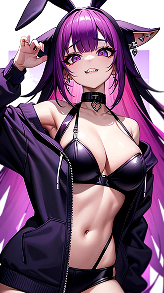 Has many ear piercings、Purple and pink hair、Baggy hoodie black、Bunny ears、Jagged teeth、Beastly eyes