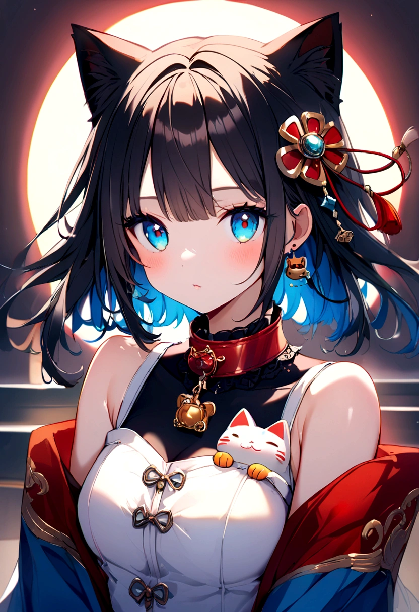 cat。Cute lucky cat。Red and blue collar
