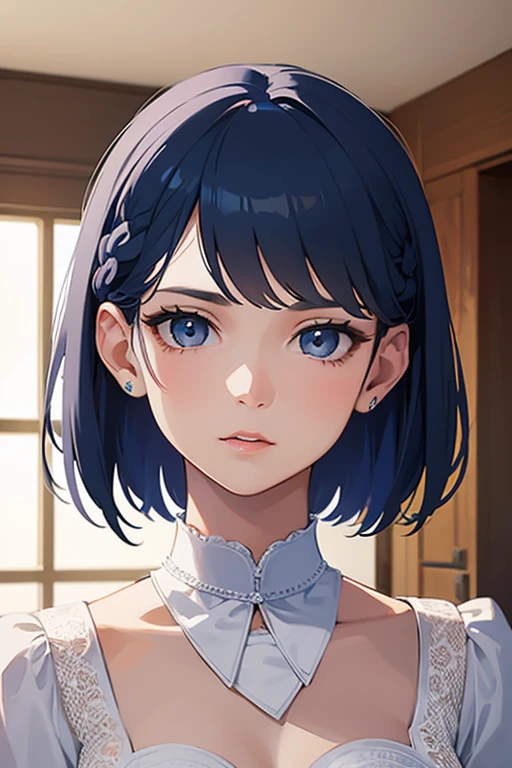 (highest resolution, distinct_image) Best quality, single person, one woman, solo, masterpiece, highly detailed, semi realistic, short hair, blue hair, bangs, white braid in hair, light grey eyes eyes, 23 years old, mature, fashionable clothes, cute clothes, indoor background, gentle, authoritative, powerful, cheeky expression, exquisite facial features, exquisite facial features
