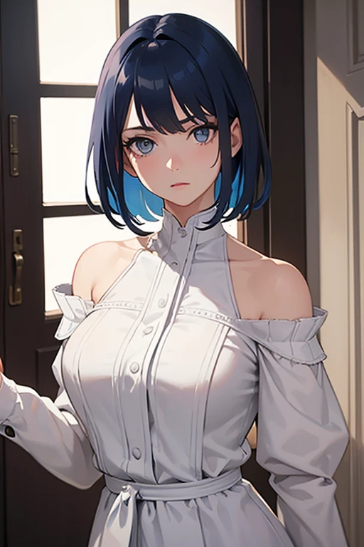 (highest resolution, distinct_image) Best quality, single person, one woman, solo, masterpiece, highly detailed, semi realistic, short hair, blue hair, bangs, white braid in hair, light grey eyes eyes, 23 years old, mature, fashionable clothes, cute clothes, indoor background, gentle, authoritative, powerful, cheeky expression, exquisite facial features, exquisite facial features