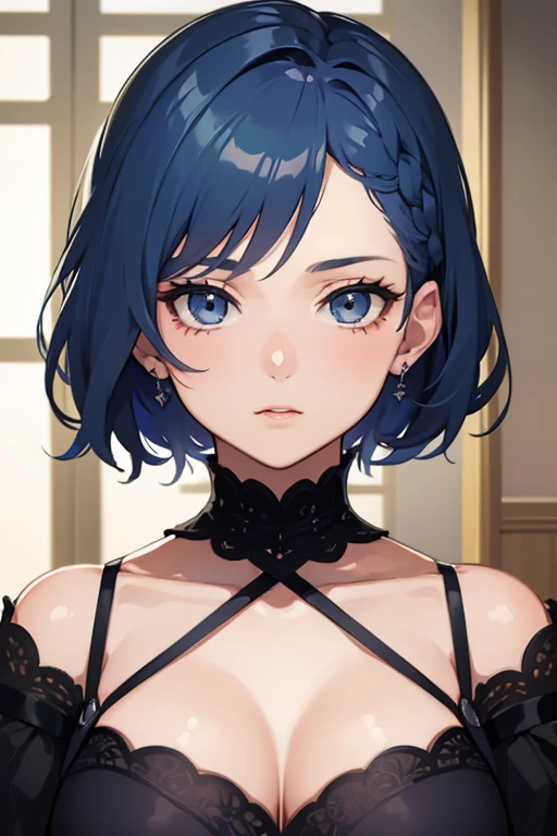 (highest resolution, distinct_image) Best quality, single person, one woman, solo, masterpiece, highly detailed, semi realistic, short hair, blue hair, bangs, white braid in hair, light grey eyes eyes, 23 years old, mature, fashionable clothes, cute clothes, indoor background, gentle, authoritative, powerful, cheeky expression, exquisite facial features, exquisite facial features