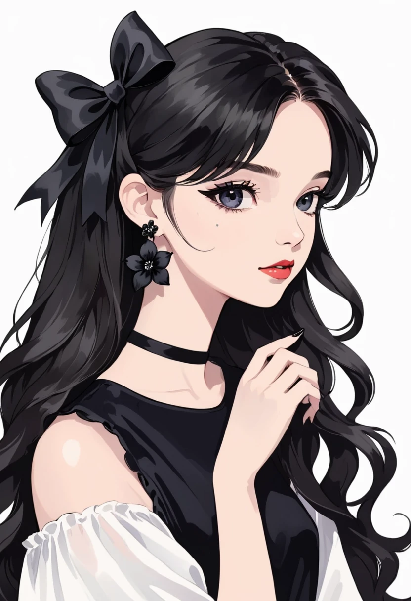 1girl,black bow,black flower,earrings,jewelry,long hair,nail polish,simple background,solo,white background