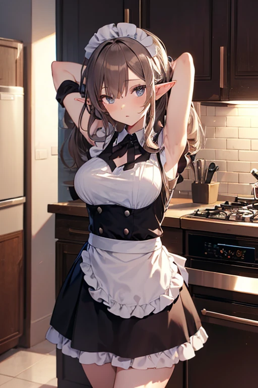 A maid, (in kitchen), various hair styles, night, details face, short skirt, seducing, sleeveless, maid uniform, armpits, elf