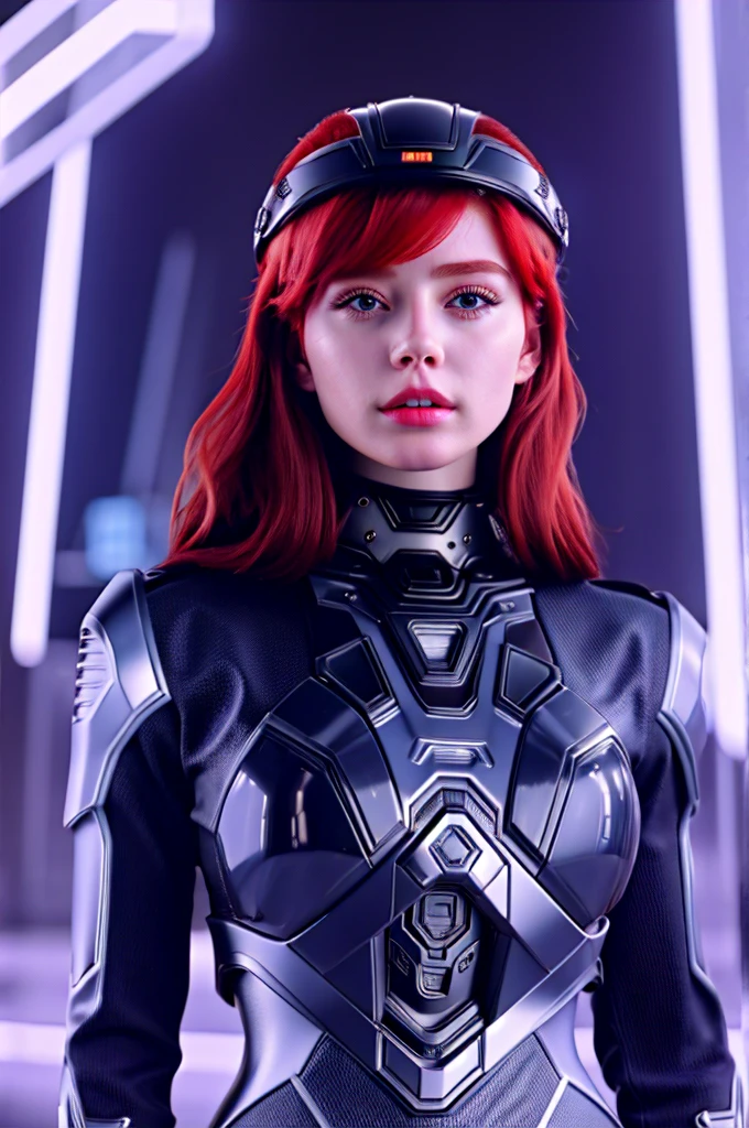 Redhead girl with futuristic military uniform helmet and dark visor in futuristic city
