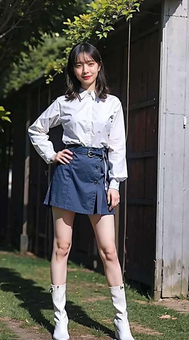 (8K、RAW Photos、Highest quality、masterpiece:1.2)、(Realistic、Photorealistic)、1 Girl、((Check skirt、good、Wavy and mysterious、I can see your feet、boots、Big Breasts、Nipples、Viewed from the front、Stand with your feet apart、in the forest、))、Lots of eyelashes、Add shine to your eyelids、skeletally correct、Sweaty body、Beautifully trimmed fingertips、smile、Stand with hands on hips、 the sky