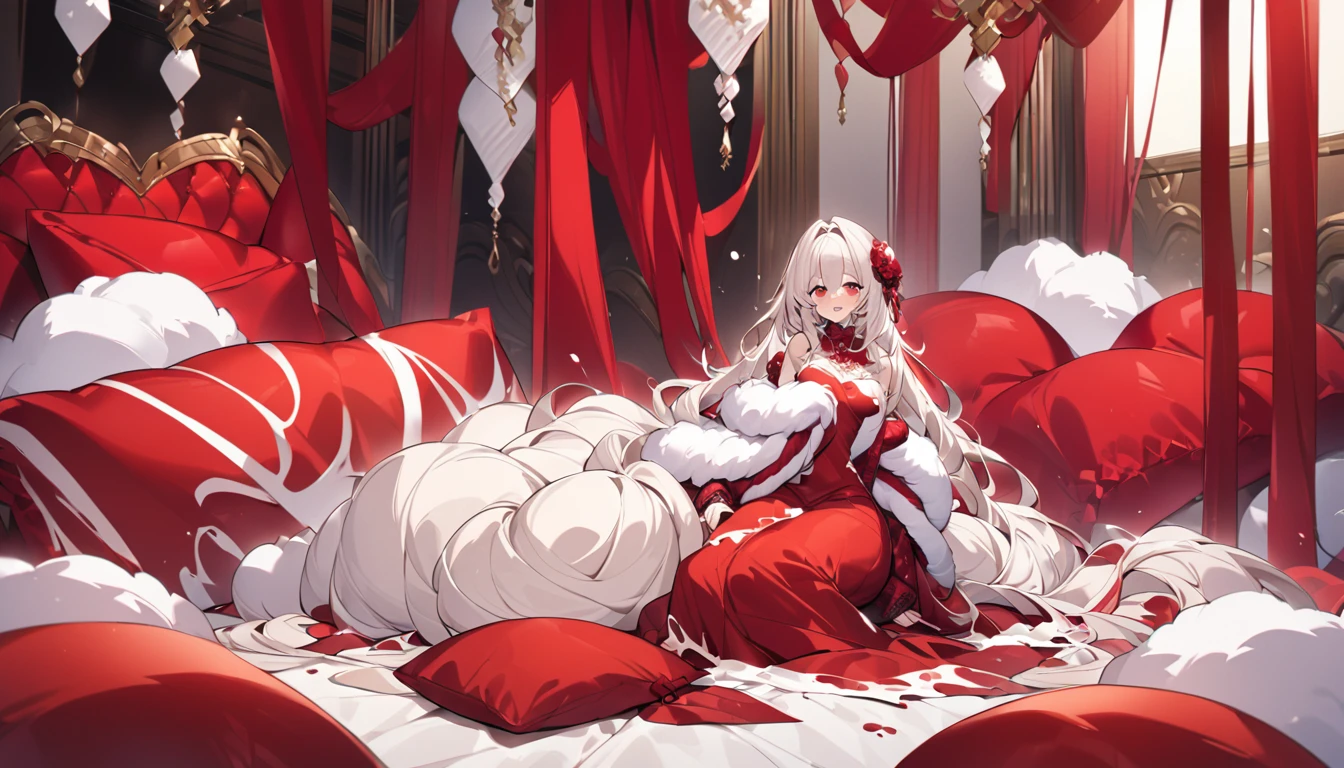 Fluffy red silk duvet、Lots of giant silk pillows、Luxurious fluffy red silk bed、White chocolate sauce splattered