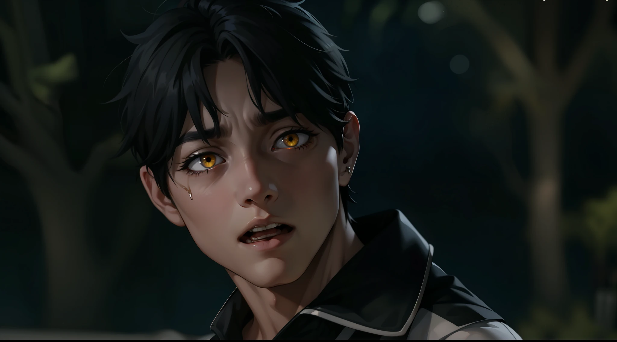 He speaks with his mouth open He is yawning 17 year old boy Black hair and yellow eyes He is asking something with some pain