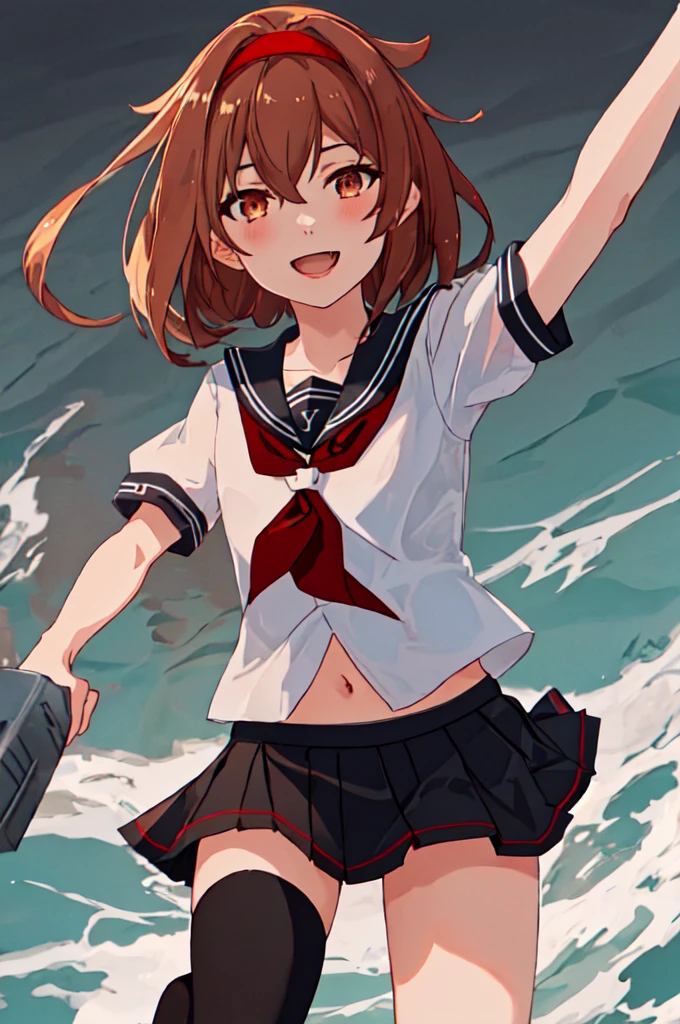 Highest quality, masterpiece, High resolution, 一人in, {shirinsuyu_Kantai Collection:1.15}, brown_hair, brown_eye, hairband, red_hairband, smile, hair_flap, length_hair, red面, Seraphim, Open_mouth, short_hair, hair_between_eye, chest, One Girl, black_Seraphim, black_skirt, Looking_in_audience, neckerchief, pleined_skirt, red_neckerchief, Sailor_collar, School_uniform, short_sleeve, skirt, black_Knee socks, collarbone, Knee socks