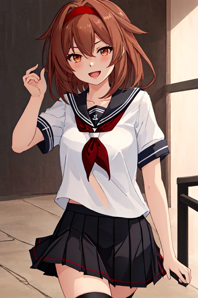 Highest quality, masterpiece, High resolution, 一人in, {shirinsuyu_Kantai Collection:1.15}, brown_hair, brown_eye, hairband, red_hairband, smile, hair_flap, length_hair, red面, Seraphim, Open_mouth, short_hair, hair_between_eye, chest, One Girl, black_Seraphim, black_skirt, Looking_in_audience, neckerchief, pleined_skirt, red_neckerchief, Sailor_collar, School_uniform, short_sleeve, skirt, black_Knee socks, collarbone, Knee socks