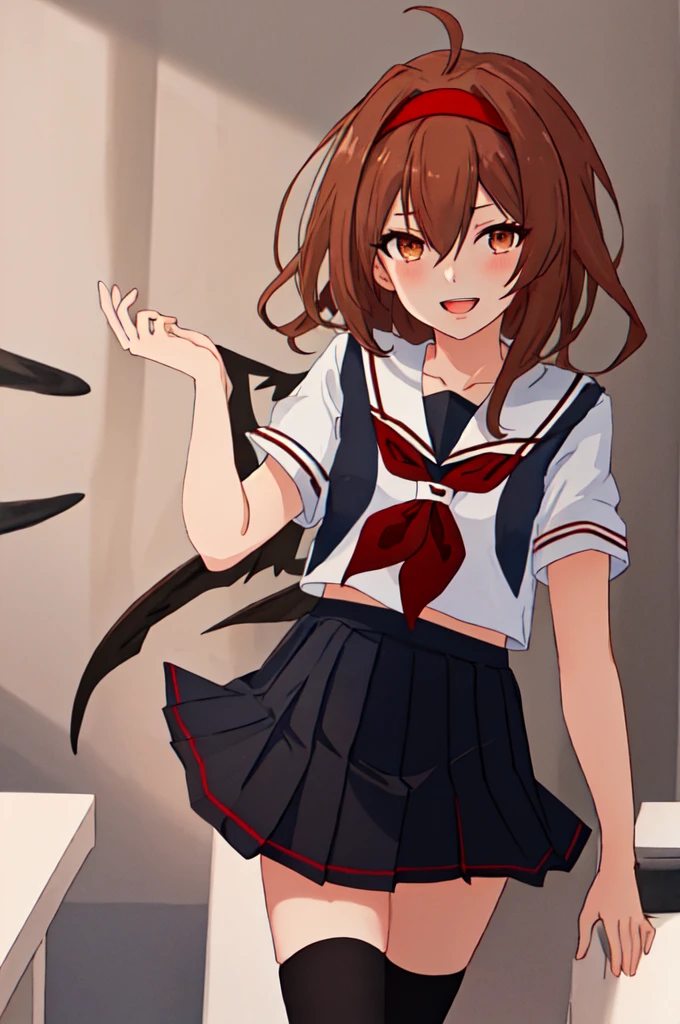 Highest quality, masterpiece, High resolution, 一人in, {shirinsuyu_Kantai Collection:1.15}, brown_hair, brown_eye, hairband, red_hairband, smile, hair_flap, length_hair, red面, Seraphim, Open_mouth, short_hair, hair_between_eye, chest, One Girl, black_Seraphim, black_skirt, Looking_in_audience, neckerchief, pleined_skirt, red_neckerchief, Sailor_collar, School_uniform, short_sleeve, skirt, black_Knee socks, collarbone, Knee socks