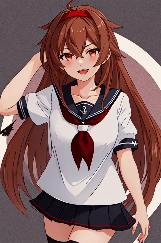 Highest quality, masterpiece, High resolution, 一人in, {shirinsuyu_Kantai Collection:1.15}, brown_hair, brown_eye, hairband, red_hairband, smile, hair_flap, length_hair, red面, Seraphim, Open_mouth, short_hair, hair_between_eye, chest, One Girl, black_Seraphim, black_skirt, Looking_in_audience, neckerchief, pleined_skirt, red_neckerchief, Sailor_collar, School_uniform, short_sleeve, skirt, black_Knee socks, collarbone, Knee socks