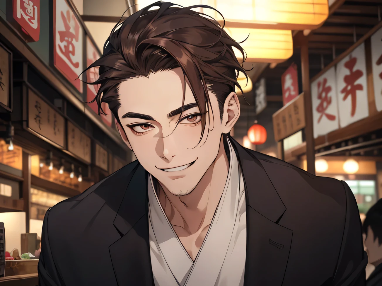 hair slicked back,masterpiece,Dynamic Angle,Face close-up,Angle from below,male, (29-year-old),(male1 person)、Izakaya shop owner,alone,Adult,A gentle smile,Excited,Brown Hair,(Droopy eyes),Lewd Eyes,Black suit,kimono,,smile,Izakaya,night