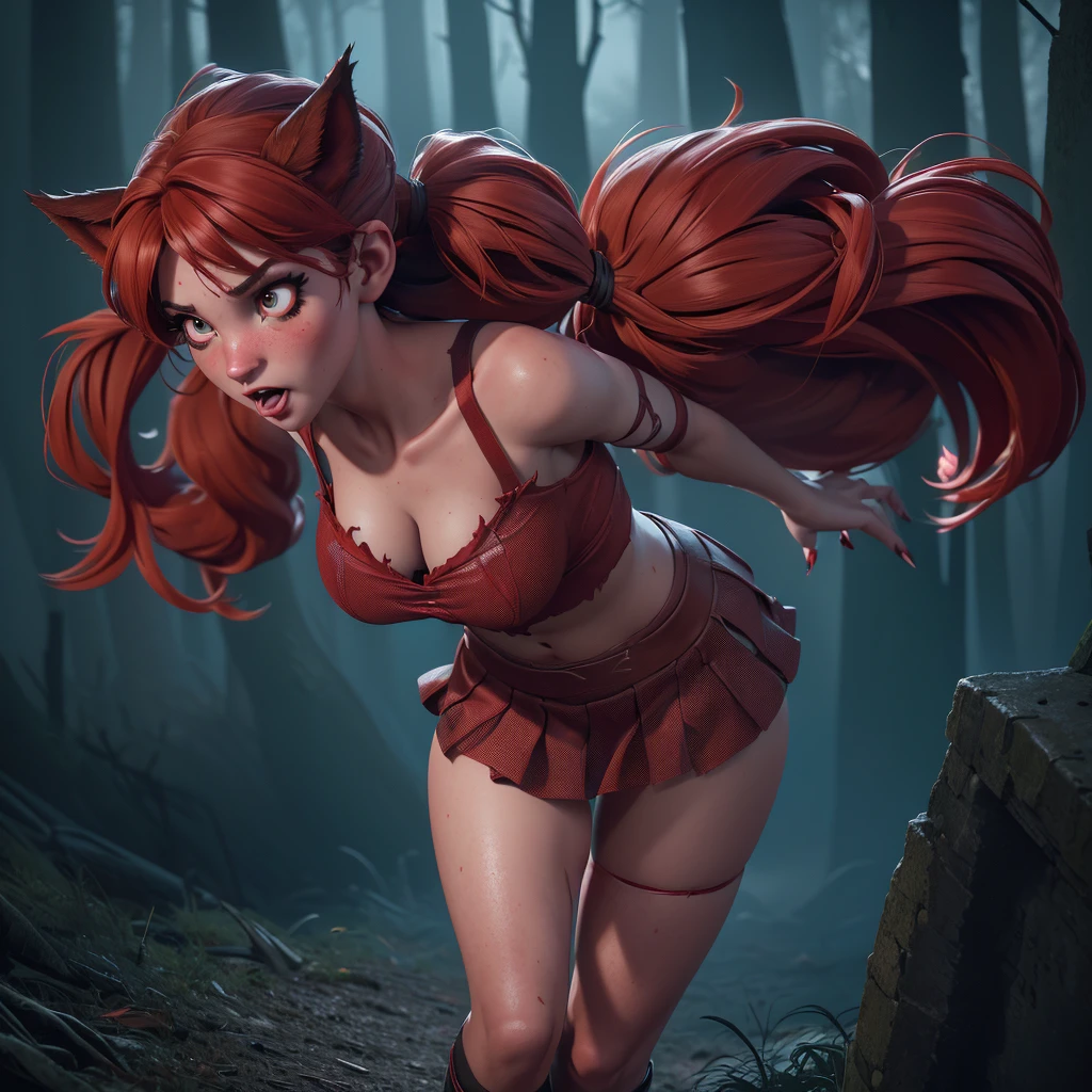 (a young woman ,belledel, torn red miniskirt, red fishnet top (damaged), red fishnet stockings (damaged), no underwear, twin pigtails with red high lights) running terrified through a dark haunted forest, a werewolf (Big scary wolf man with tatters of red fabric on his claws) chasing her, cinematic lighting, dramatic scene, detailed facial features, beautiful eyes, photorealistic, dark fantasy, (best quality,8k,highres,masterpiece:1.2),ultra-detailed,(realistic,photorealistic,photo-realistic:1.37),dramatic lighting,moody atmosphere,detailed textures,haunting,cinematic