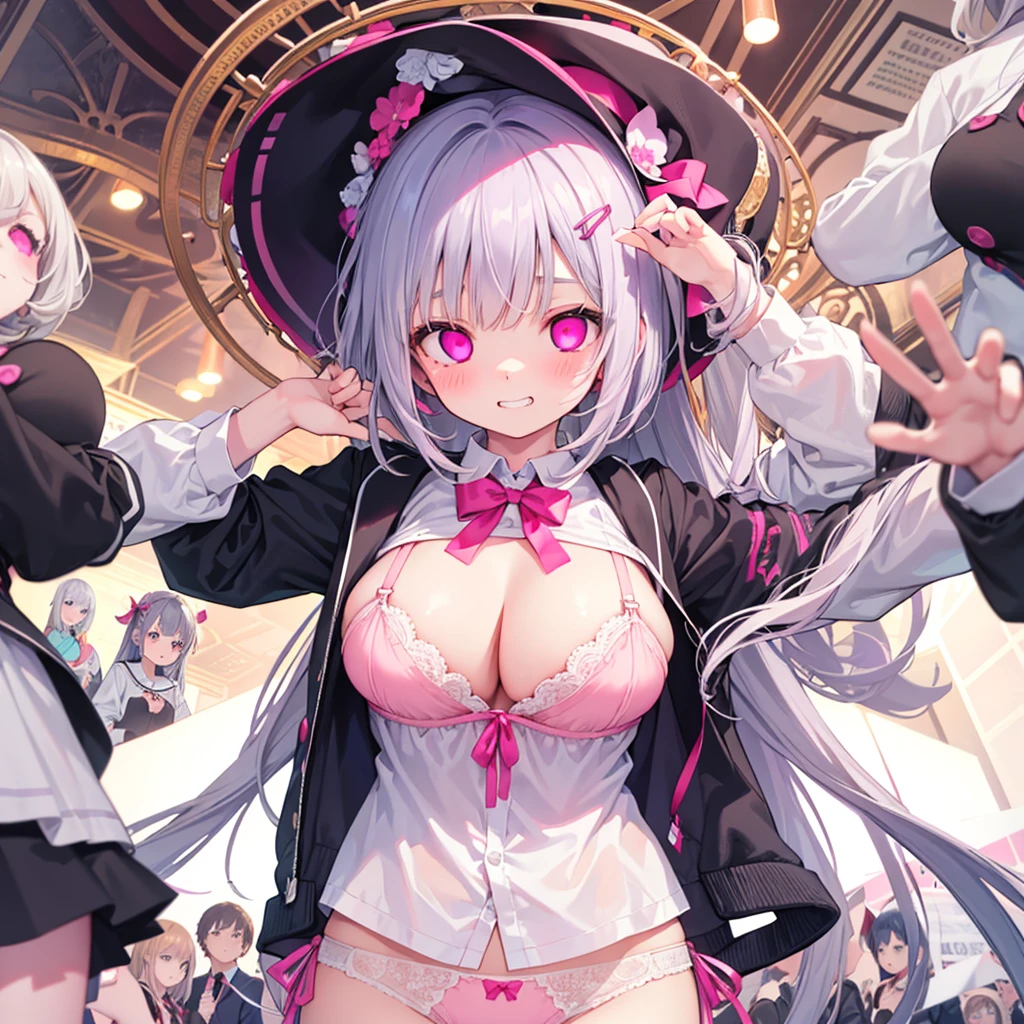 Details、Ultra-detail、masterpiece、top-quality、Beautiful fece、A detailed eye、 (focus panties), (I look up at the five girls from the ground.)、(Five girls are standing in a circle around me, looking down at me.:1.5)、circle、(seductive grin), (((5 giant girls)))、((angle from below)), 5 young face, (thighs), 5panties, (angle from under 5 girls),baby face,mesugaki,5 succubuses,(Pink ribbon:1.1)、(Two-side-up)、pink bra、Shady face、white hair、malicious smile、Bruises and ugly facial features、Young features、(Lori:1.2)、long-sleeve、puffy sleeves fluffy hair、Elementary school girls、Short stature、Chiquita、Colossal tits、(Put your hand on your face)、Buriko、Ruffled uniforms、hair clips、(Ridicule:1.1)、looking-down、Looking from below、Being looked down upon by girls、(Looking from below:1.2)、ultra gigantic tits、Pink heart symbol、Mass of heart、(Heart Effect:1.1)、(heart mark:1.1)、demon tail、Devil's Tail、Succubus、(ultra gigantic tits:1.3), (6+girls,multiple girls, crowd:1.3),