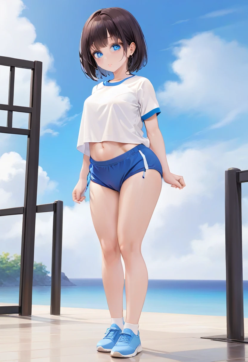 masterpiece, high quality, Nothing there, One Girl, Are standing, stop temporarily, stop temporarily, Gym Wear, Gym suit, Bloomersショーツ, Bloomers,  whole body, shirt, Side view, blue eyes, Realistic