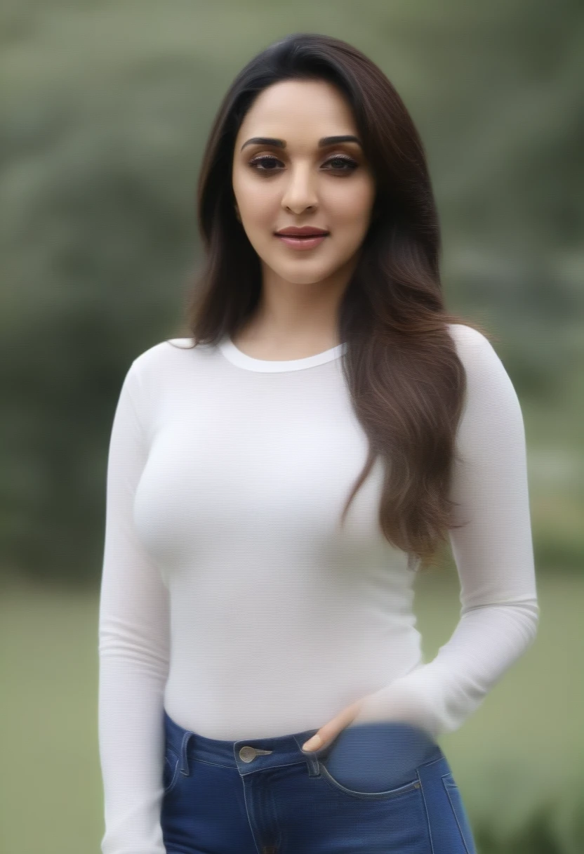 ((best quality)), ((masterpiece)), (detailed), (kiara advani ) , wearing long sleeves white printed t-shirt and blue jeans , in garden 