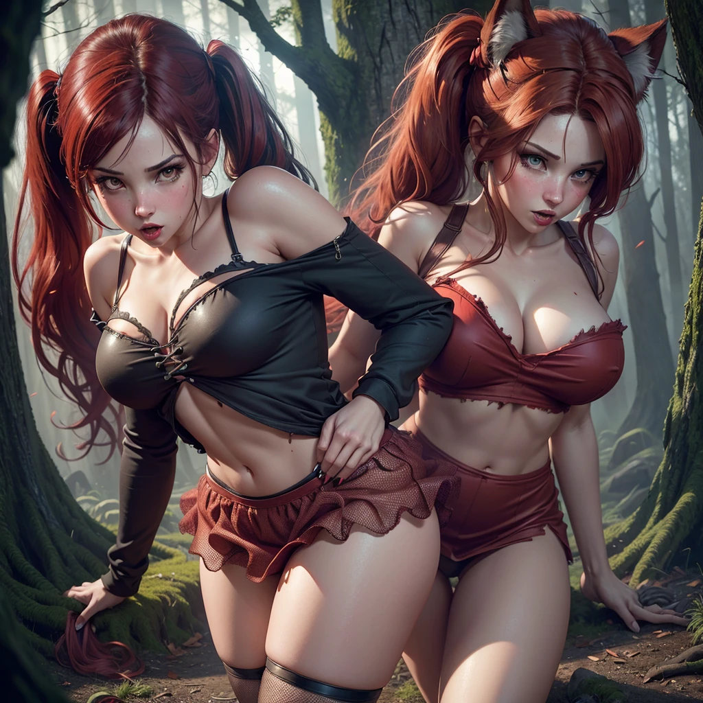 (a young woman ,belledel, torn red miniskirt, red fishnet top (damaged), red fishnet stockings (damaged), no underwear, twin pigtails with red high lights) running terrified through a dark haunted forest, a werewolf (Big scary wolf man with tatters of red fabric on his claws) chasing her, cinematic lighting, dramatic scene, detailed facial features, beautiful eyes, photorealistic, dark fantasy, (best quality,8k,highres,masterpiece:1.2),ultra-detailed,(realistic,photorealistic,photo-realistic:1.37),dramatic lighting,moody atmosphere,detailed textures,haunting,cinematic
